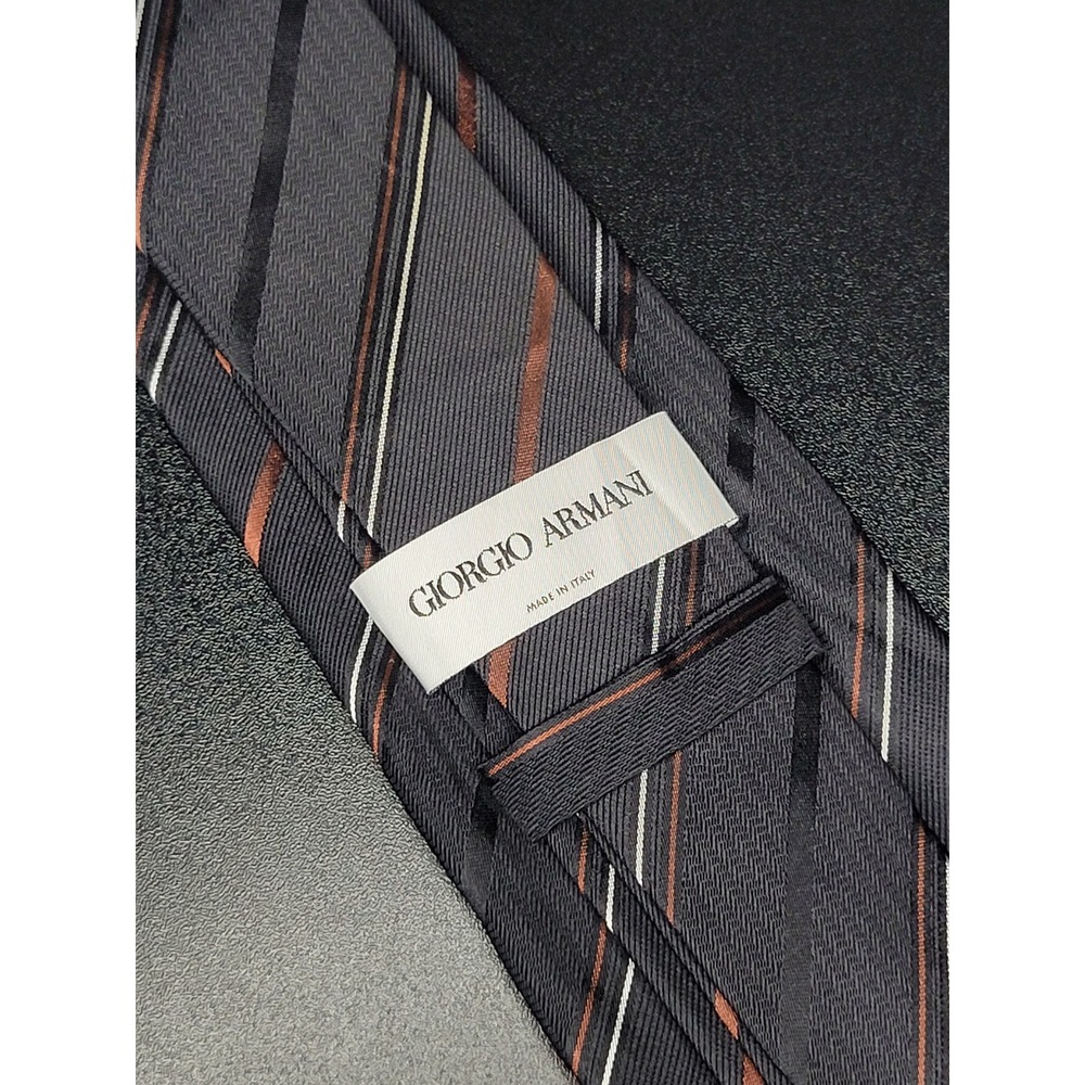 Giorgio Armani Tie Grey Copper White Striped 100% Silk Made in Italy Excellent